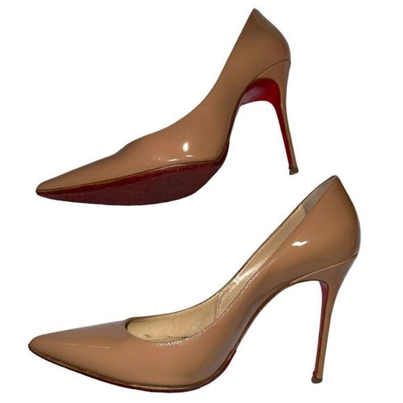 Christian Louboutin Decollete 554 Nude Patent Leather Pointed Toe Heels Pumps - Picture 5 of 8